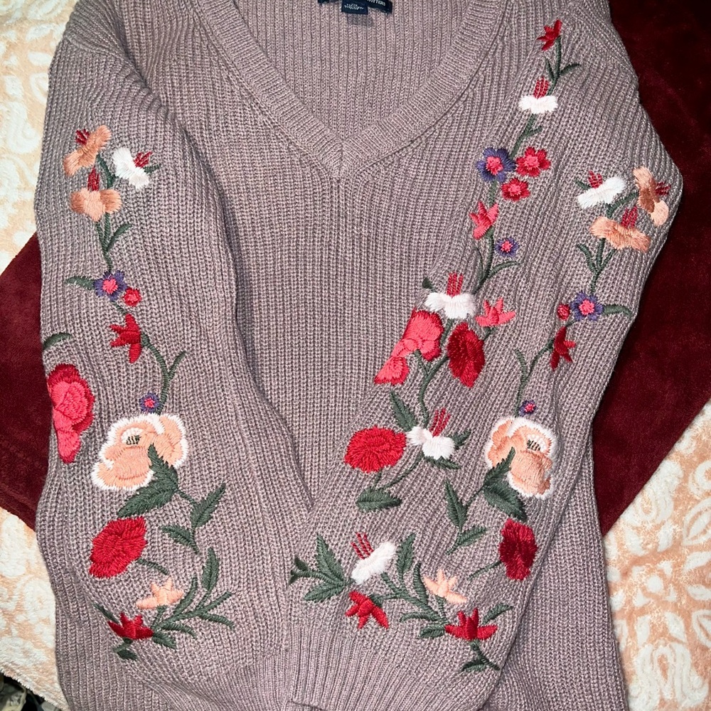 American Eagle Outfitters Floral Embroidered V-Neck Sweater
